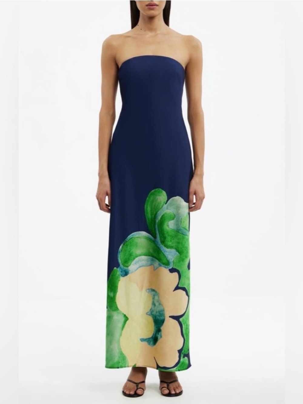 Significant Other Esme satin floral strapless gown in apple daze floral blue